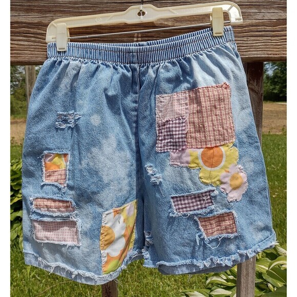Custom Denim Shorts PatchedHigh Rise distressed frayed Boho Hippie Patchwork